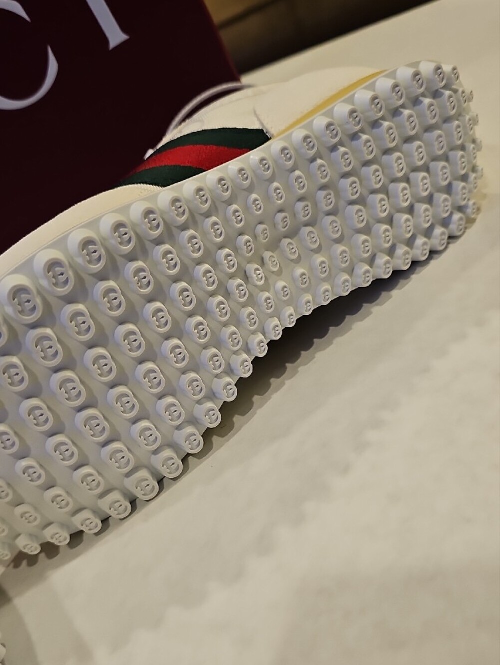 Gucci White Leather Sneakers with Green and Red Web Stripe and Yellow Heel - Picture 3 of 7